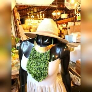 Hand Hammered Brass, Green and Blue Beaded Statement Necklace